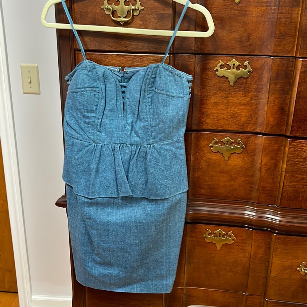 Blue cotton linen peplum strapless dress